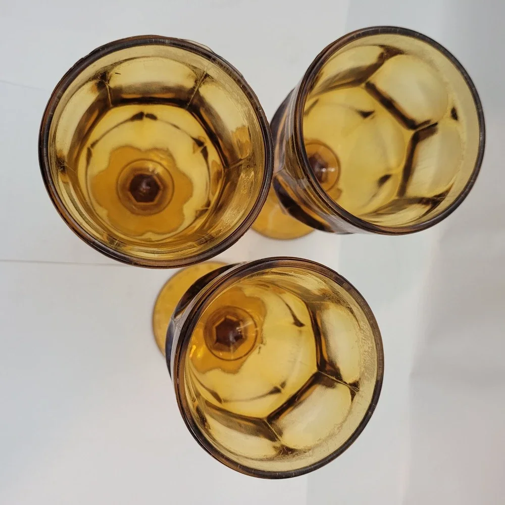 Indiana Glass Whitehall Amber Goblets Vintage Set of 3 Cubist Footed Glasses